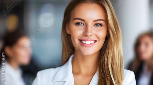 Confident blonde smiling businesswoman, copy space, banner style, commercial