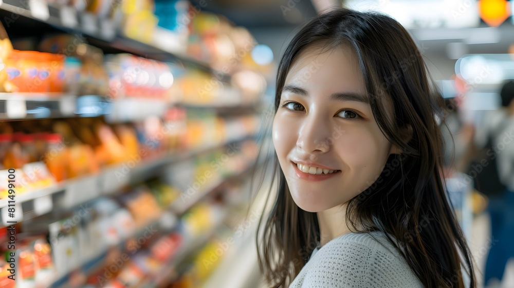 スーパーで買い物をする日本人女性