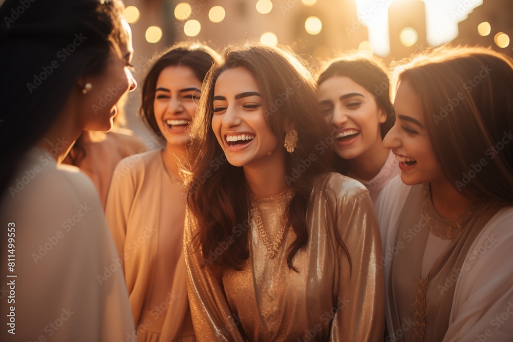 Elegant Saudi Women Enjoying Sunset Gathering. Group of elegant Saudi women in shimmering attire enjoy a lively gathering at sunset, surrounded by soft golden light.