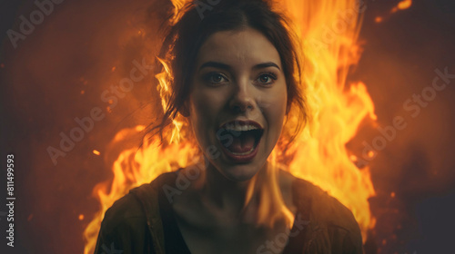 Young woman screams amidst flames and chaos, intense emotional moment, abstract background