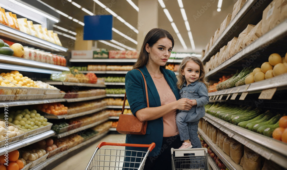Woman with daughter and toddler, pregnant, grocery shopping, thoughtful or annoyed by selection, high prices, fictional worry.
