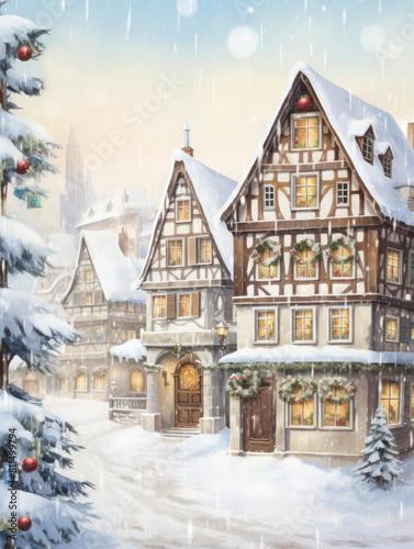 Christmas vintage postcard. Beautiful houses decorated for Christmas and fir tree in a winter day, vertical image. © junky_jess