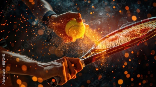 Close-up view of side tennis shot with power isolated on black. Fire and energy from the racket.