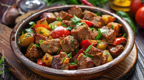 Mixed vegetables and cubed meat in Turkish Turlu dish