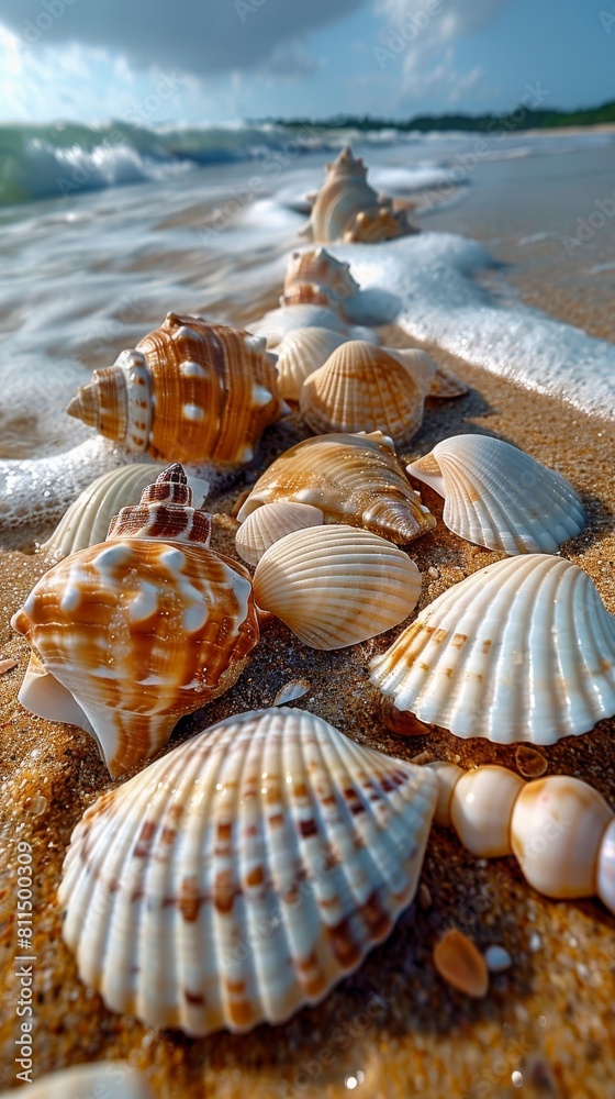 A row a beautifully colored sea shells on the beach in the late afternoon sun. A row a beautifully colored sea shells on the beach in the late afternoon sun.