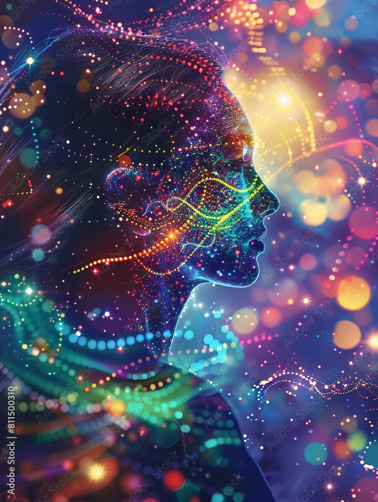 A woman's face with glowing lights and a starry background. Generative AI. A woman's face with glowing lights and a starry background. Generative AI.