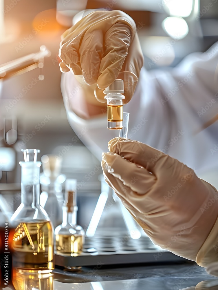 A top-level perfumer is mixing perfume with a test tube, upper body perspective, Perfumer holding small test tube in hand,white gloves, clear texture,clean background of the laboratory, real, skin tex