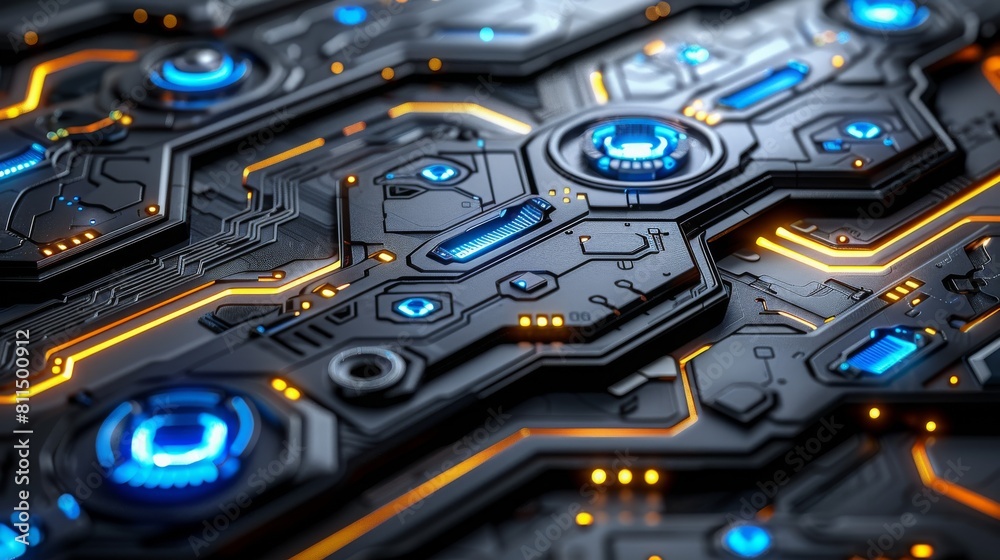 Fototapeta premium abstract cyber circuit future mother borad illustration technology concept with glowing color dots, board future scifi technology with line isolated in dark background 