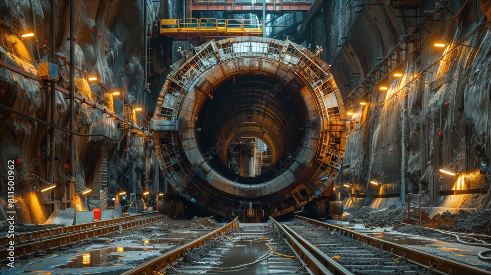 Tunnel Boring Machine in Construction Zone. Immense tunnel boring machine stands ready in a well-lit construction zone, its circular face poised to begin the next phase of tunnel excavation. Tunnel Boring Machine in Construction Zone. Immense tunnel boring machine stands ready in a well-lit construction zone, its circular face poised to begin the next phase of tunnel excavation.