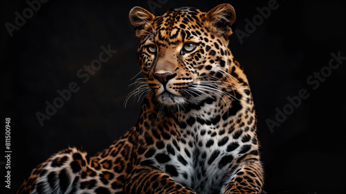 close up of a leopard in the black background