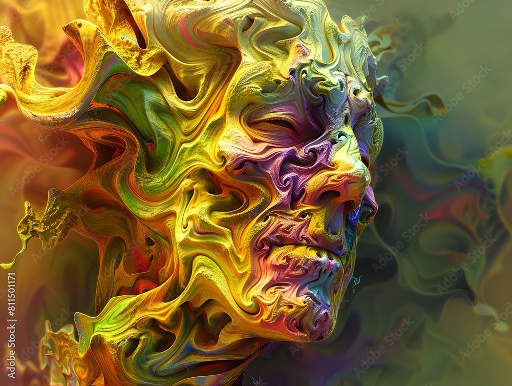 Surreal Digital Portrait of Expressive Abstract Humanoid Figure in Vivid Colors with Organic Fluid Shapes and Textures Depicting Transformation and