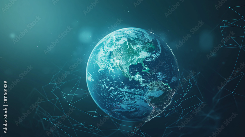 Fototapeta premium Map of the planet. Rays of energy. World map. Global social network. Future. Vector. Blue futuristic background with planet Earth. Internet and technology. Floating blue plexus geometric background.
