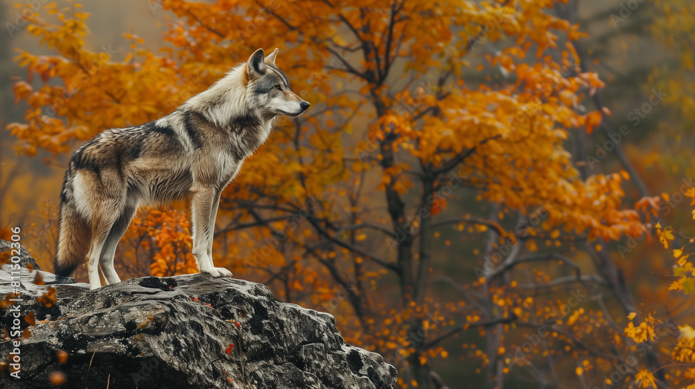 wolf in winter rock and mountain forest green plant special presentaly 