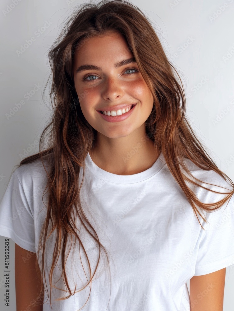 Woman wearing white tshirt mockup created with generative AI Woman wearing white tshirt mockup created with generative AI
