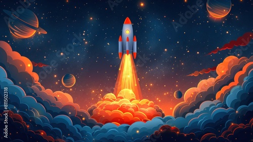 A rocket is launching into space with a bright orange and red trail behind it photo