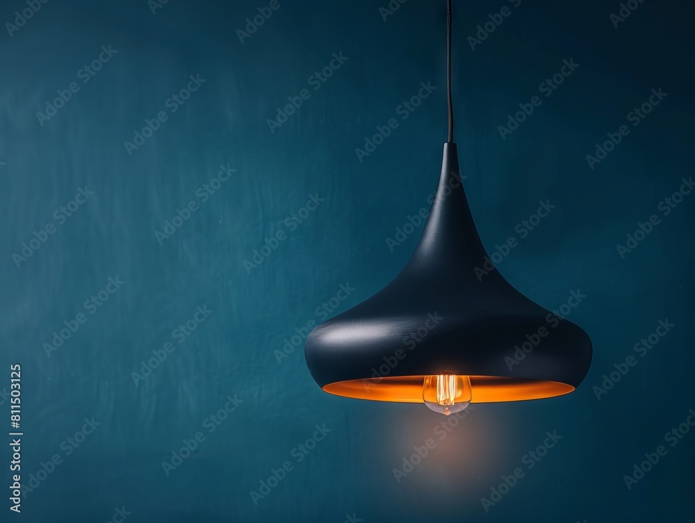 Fototapeta premium A black pendant light with an orange light bulb Generative AI.