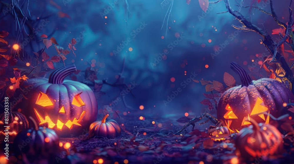 Spooky Halloween Pumpkins in a Forest with Spell Effects and Twinkling Lights