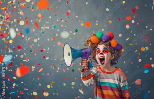 a child wearing clown makeup and holding up an old-fashioned megaphone, surrounded by confetti on a gray background. Web banner with copy space on the right-hand side photo