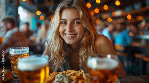 Young Woman Smiling with Beer and Food. Smiling young blonde woman enjoying a beer and pub snacks at a vibrant local bar with a lively background.