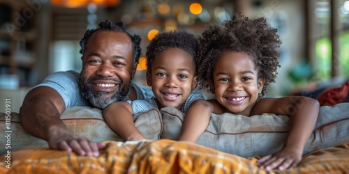 An African-American father is playing with his children on the sofa  throwing pillows  interacting  happy atmosphere  bright smile  Father s Day  companionship  family  love  Joyful Father-Child Playt