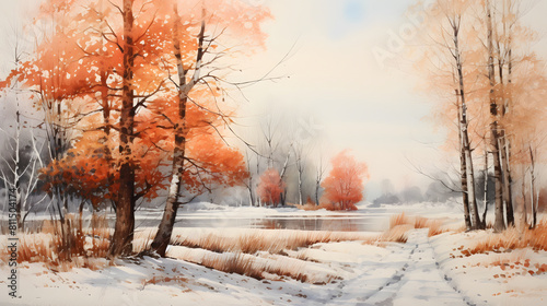 Watercolor autumntime outdoor landscape country road background poster decoration painting © Wu