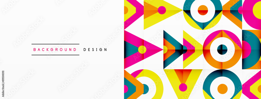 Colorful geometric pattern featuring rectangles, triangles, circles, and arrows in magenta and electric blue on a white background, inspired by art and technology Colorful geometric pattern featuring rectangles, triangles, circles, and arrows in magenta and electric blue on a white background, inspired by art and technology