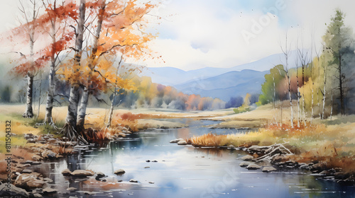 Watercolor autumntime outdoor landscape country road background poster decoration painting