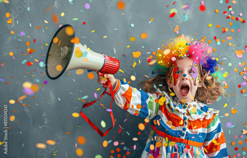 a child wearing clown makeup and holding up an old-fashioned megaphone, surrounded by confetti on a gray background. Web banner with copy space on the right-hand side photo