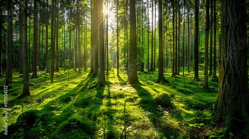A lush green forest with sunlight filtering through the trees  creating a serene nature wallpaper.