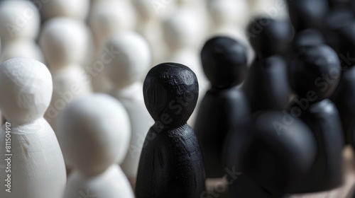 Black and white wooden figures of people. Concept of racism, segregation, apartheid, inequality, diversity, individuality, uniqueness, exclusion, standing out from the crowd, non-conformity, originali photo
