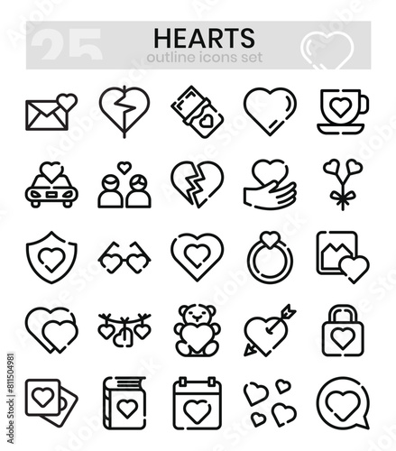 Hearts outline icons set . Vector illustration
