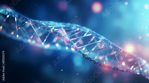 A glowing blue double helix representing DNA on a dark blue background. photo