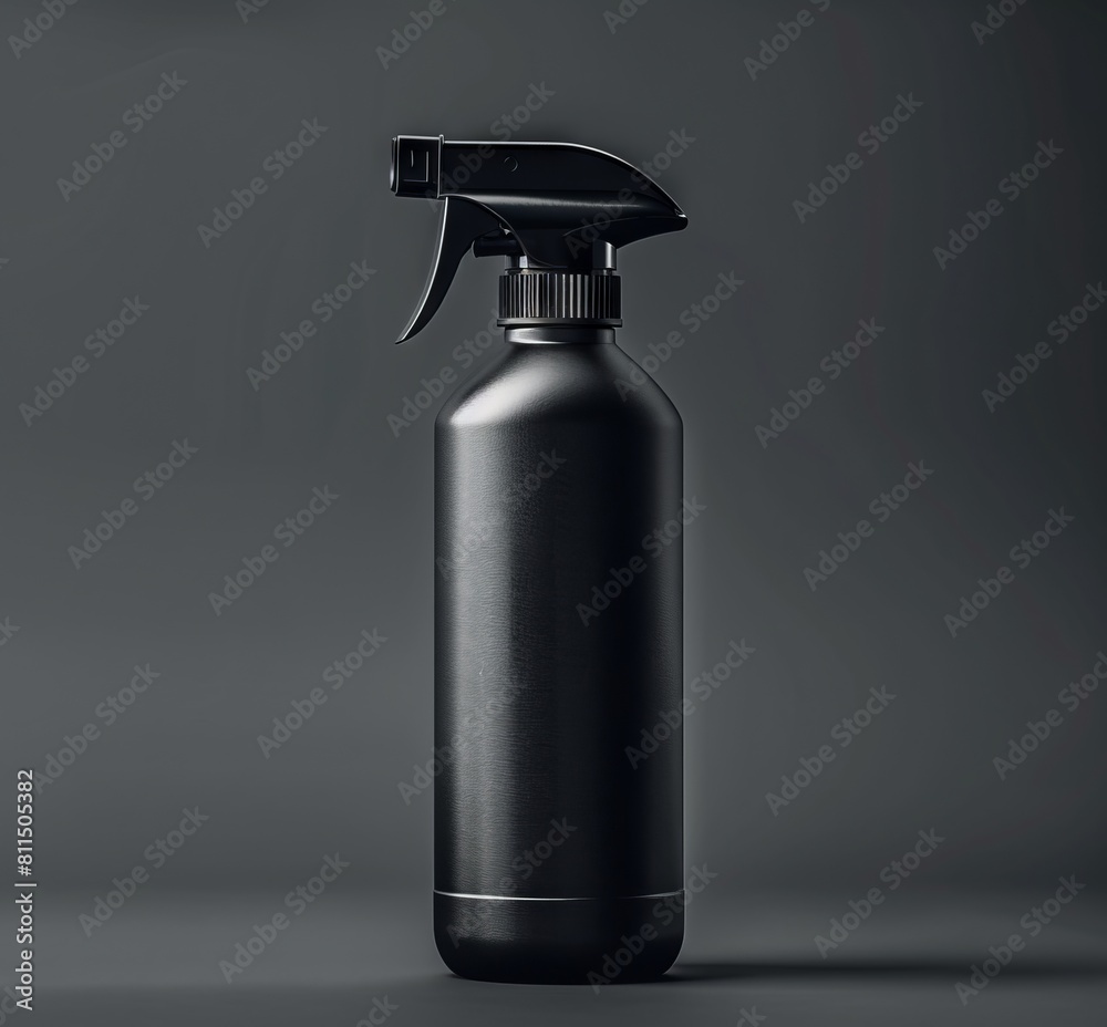 A black spray bottle with a sprayer on a gray background.