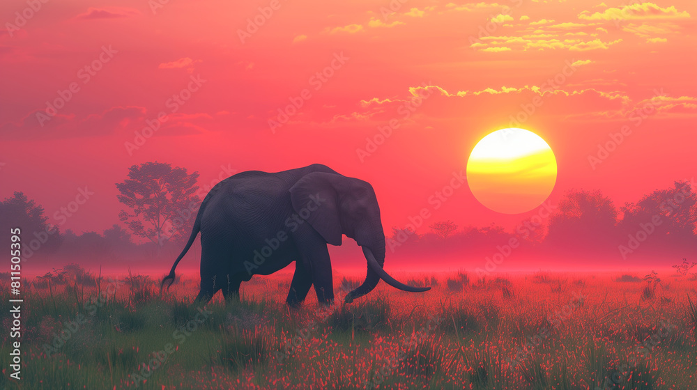 Naklejka premium elephant at sunset evening view sunset green trees grass alone animal heavy