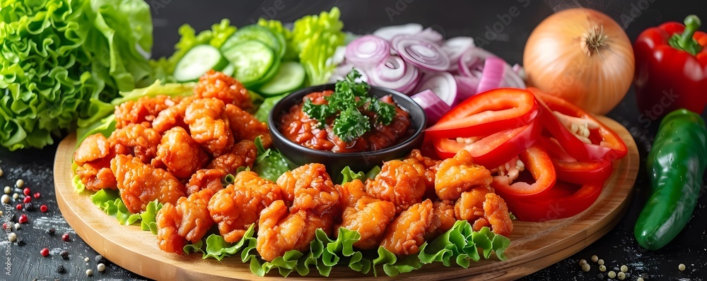Irresistible crispy chicken, freshly prepared and still warm, incredibly appetizing, paired with sliced onions, sliced chilies, sliced peppers, and sliced tomatoes, served on a wooden pl