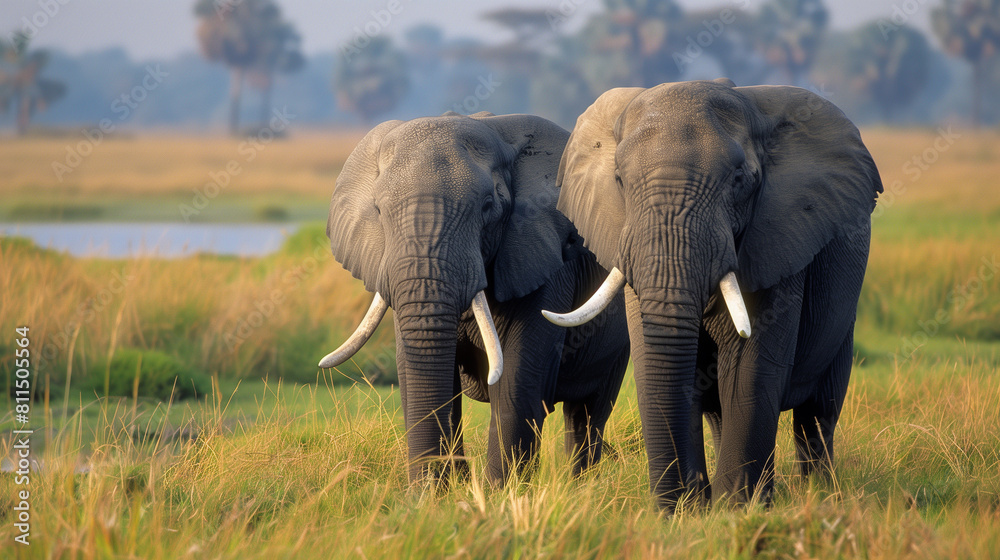 Obraz premium couple elephants in forest yellow dry grass water moving white teeth