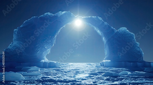 Iceberg arch podium under a polar sun against deep blue, suitable for cold environment themes or winter products