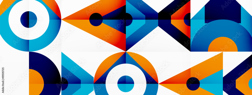 A creative arts fixture featuring a colorful geometric pattern with circles and triangles in tints and shades of electric blue on a white background, showcasing symmetry and artistic flair
