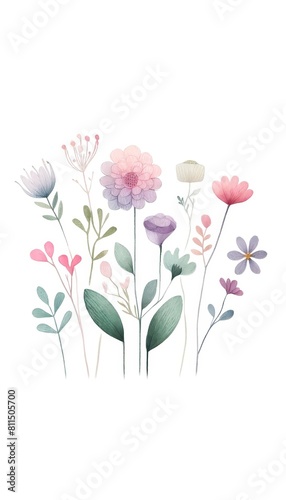 A beautiful watercolor painting of a variety of flowers. The flowers are in shades of pink  purple  and blue  with green leaves. The painting has a soft  dreamy feel to it.