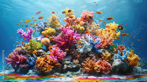 Coral reef podium with tropical fish in an underwater rainbow  ideal for colorful  vibrant aquatic themed product displays