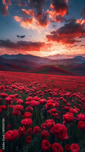 A field of red poppies at sunset.