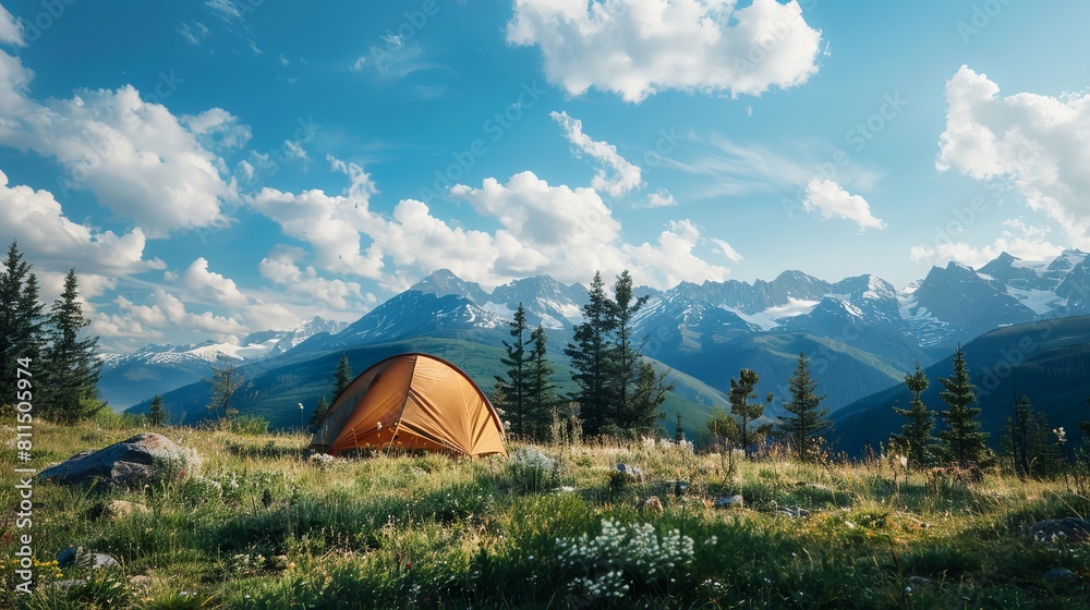A tent is set up in the mountains. A tent is set up in the mountains.