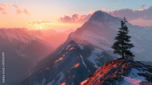 Mountain peak podium against a sunrise backdrop with a solitary pine, offering a serene and majestic setting for high altitude products photo