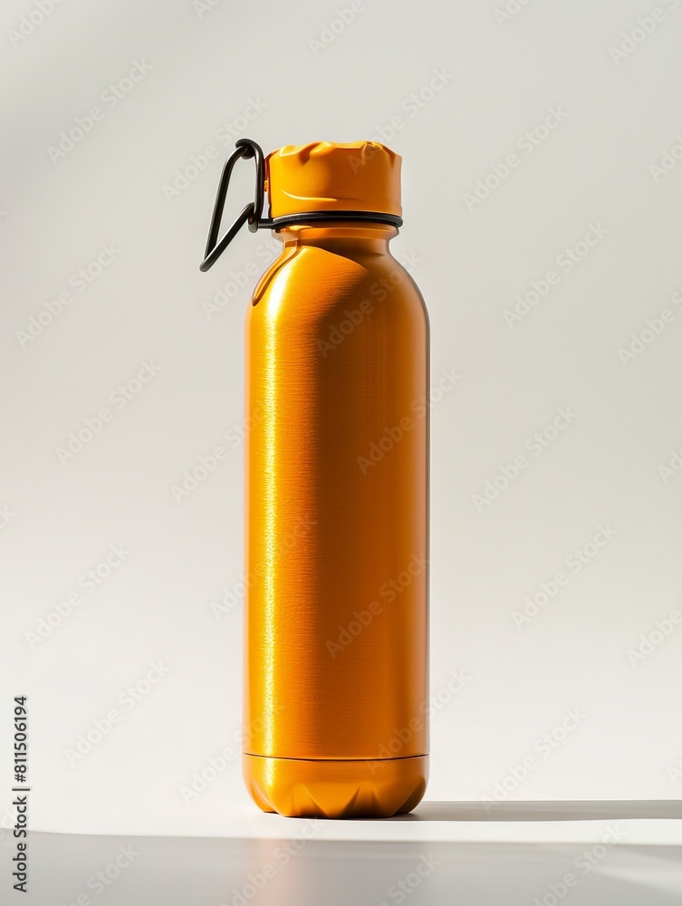 A large orange water bottle on a white background. A large orange water bottle on a white background.