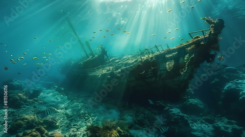 A sunken ship is seen under the water.