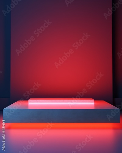A glowing red neon light under a grey podium on a dark purple background.