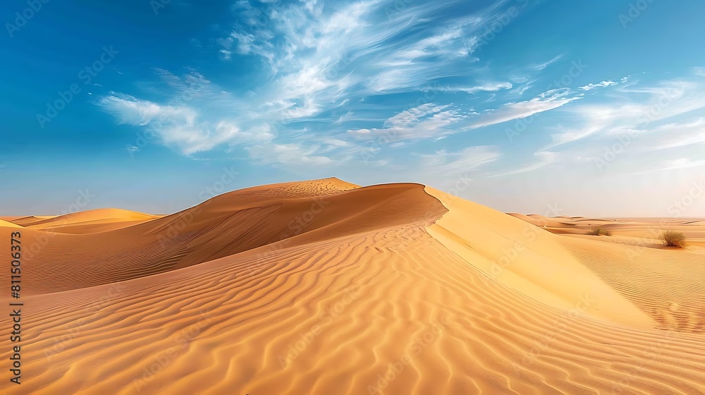 A majestic desert landscape with towering sand dunes and a clear blue sky, offering a dramatic nature wallpaper.