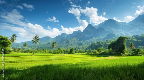 Tropical rural landscape with beautiful rice fields and mountains
