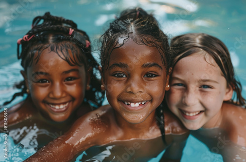 three cute little girls swimming in the pool, closeup portrait, smiling and having fun on summer day at home © Kien