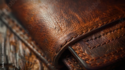 A close-up of a leather wallet, showcasing its texture and stitching details.